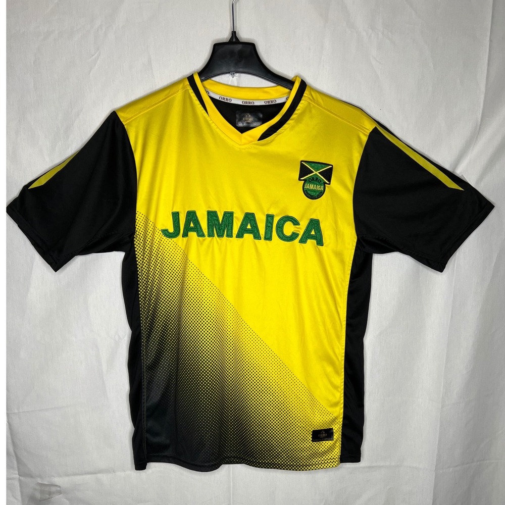 ORRO Reggae Boyz Soccer Jersey Mens Size L Dri-Fit Yellow Black Football Shirt‎